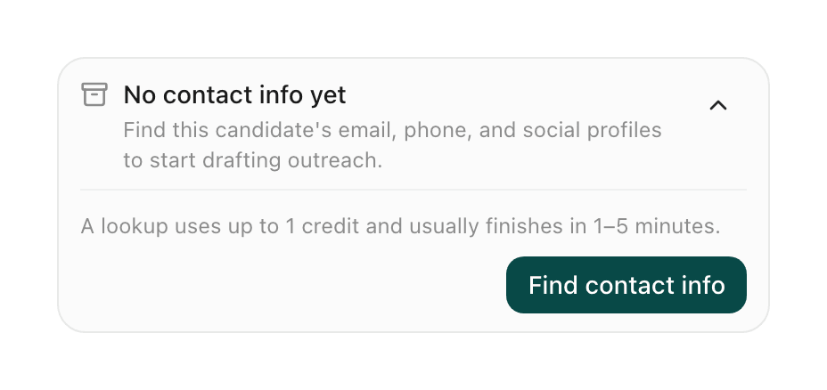 Contact lookup card offering to find the candidate's email, phone and social profiles for one credit