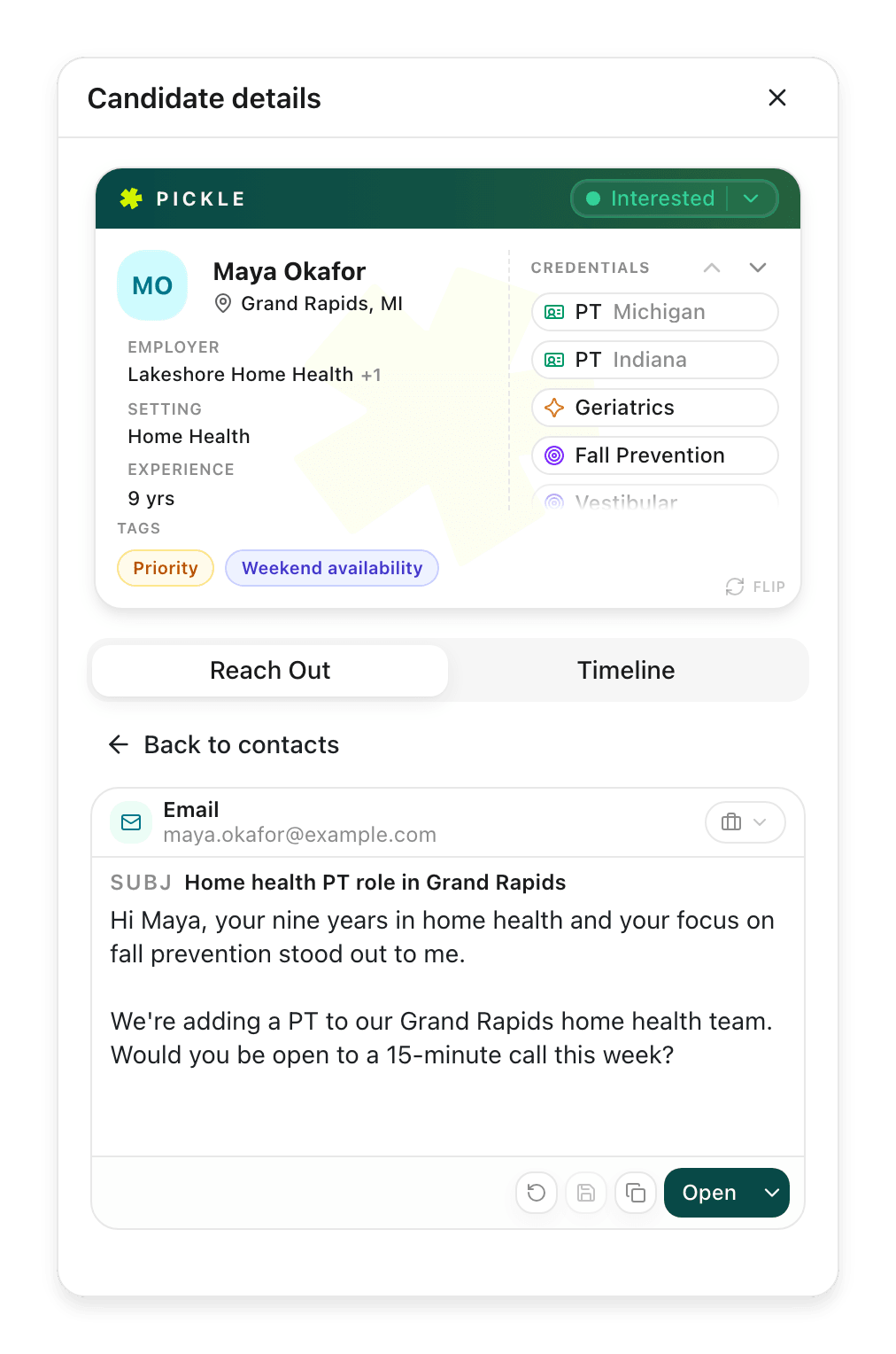Candidate details panel with a drafted email to Maya about a home health PT role