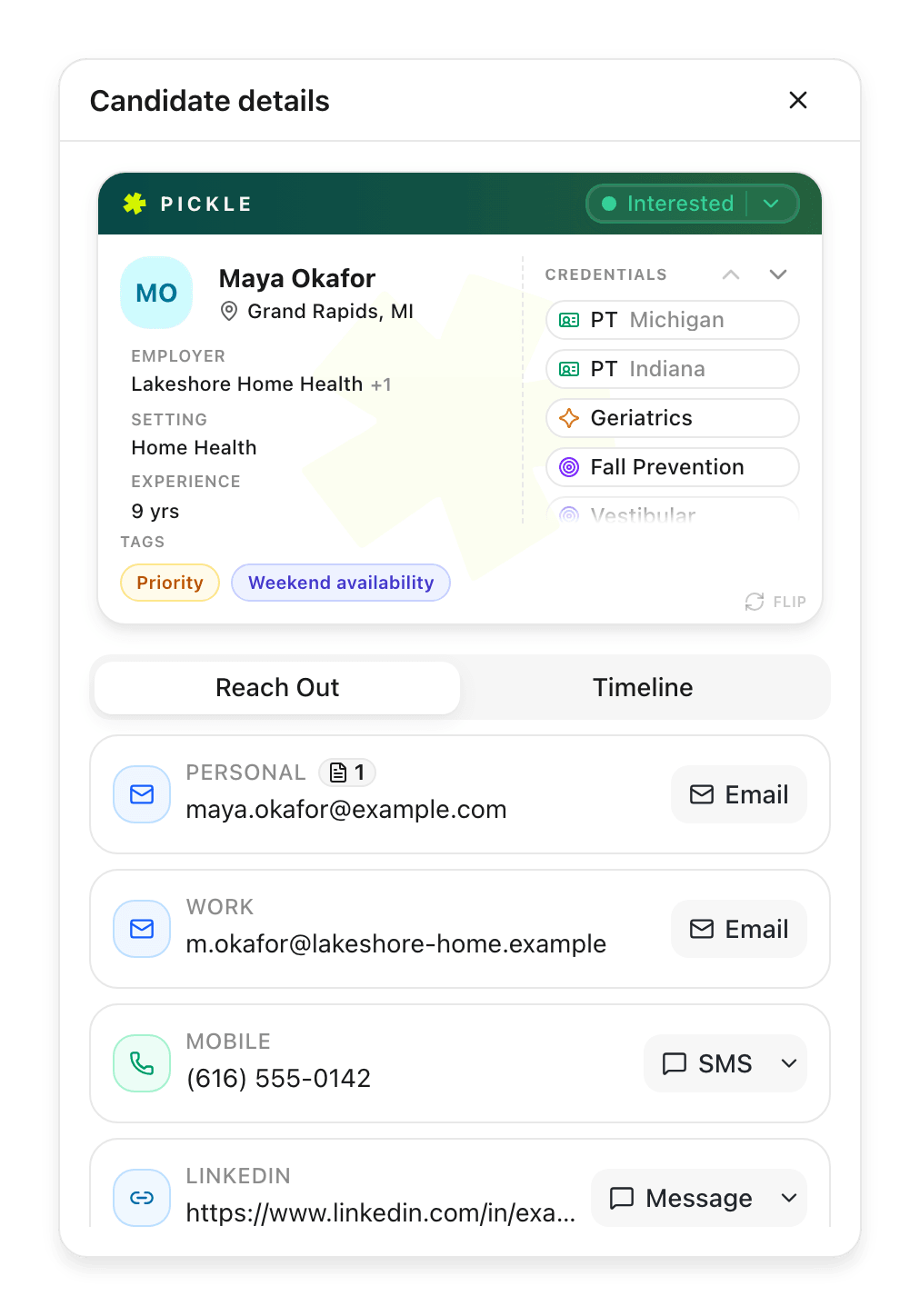 Candidate details panel listing Maya's personal and work email, mobile number and LinkedIn