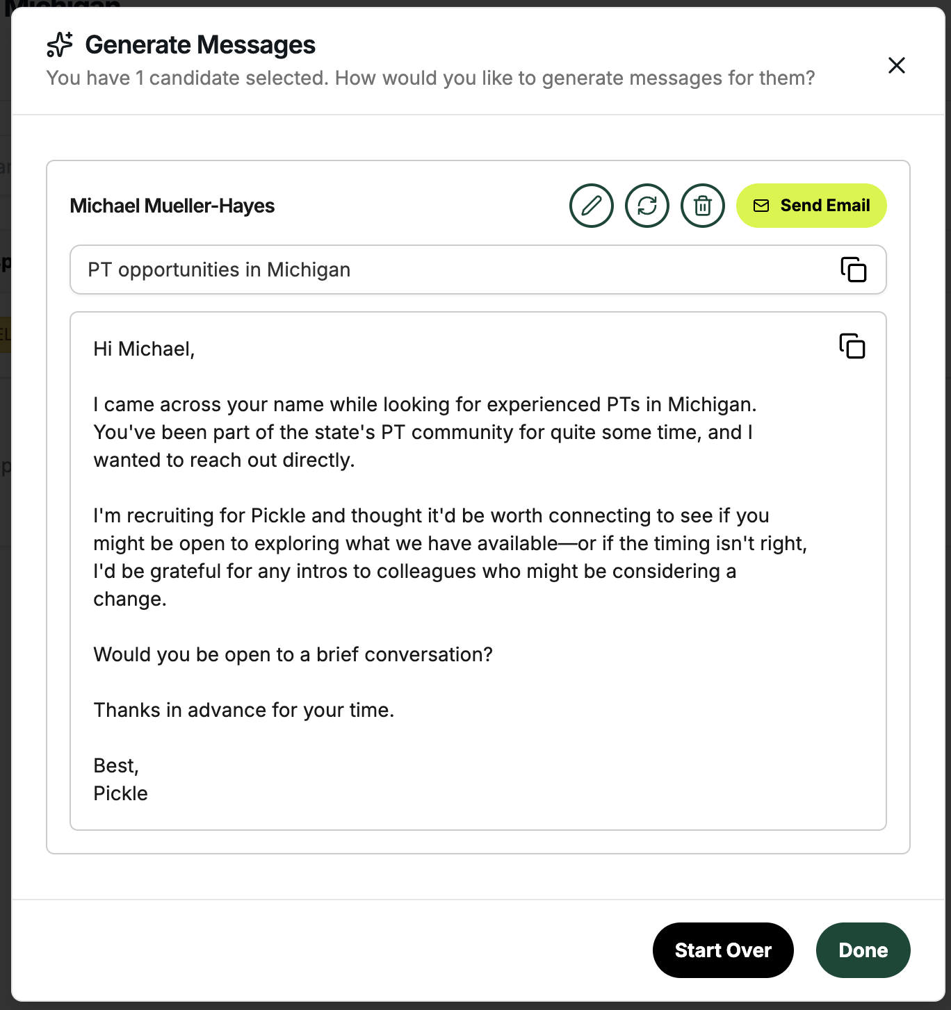 Outreach composer with separate subject and body fields plus mailto action