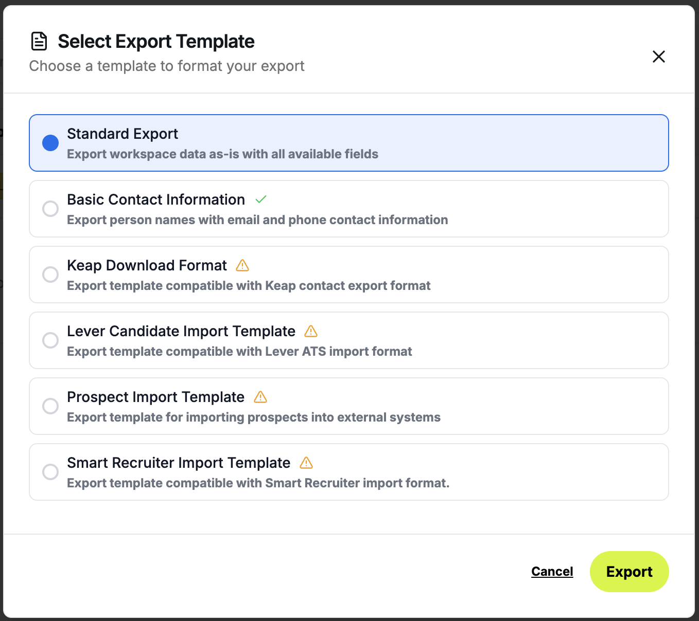 Smart Recruiter export template selection with sample mapped export fields