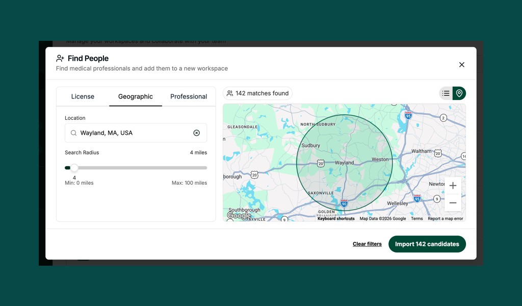 Geographic search with map view showing candidate matches within a radius of Wayland, MA