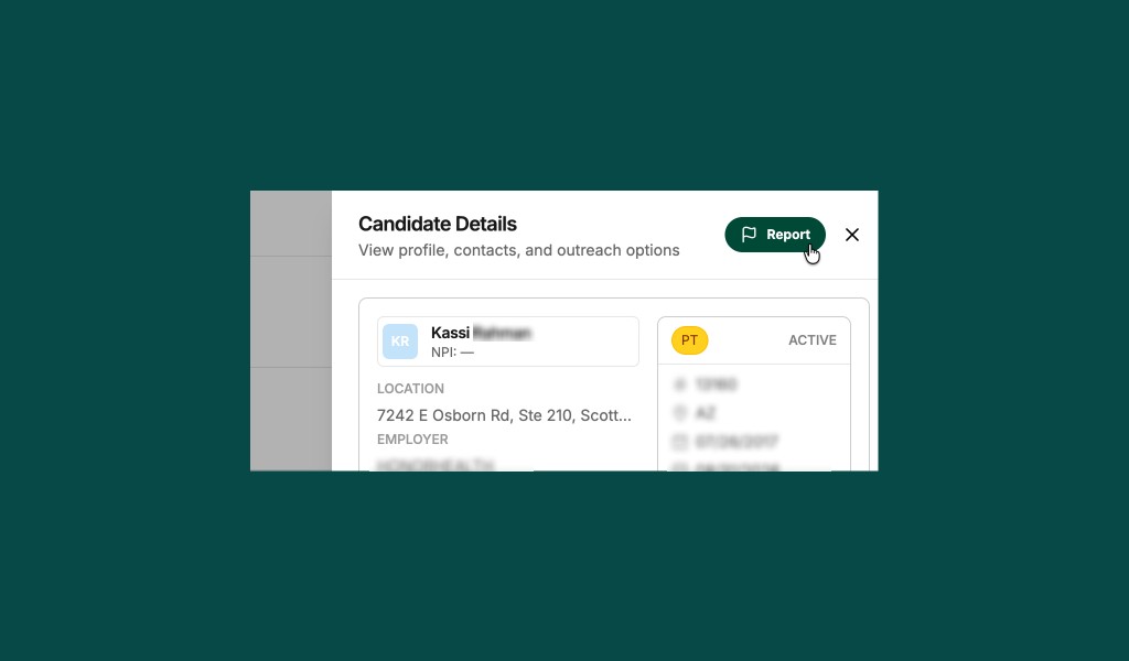 Candidate Details modal with Report button for flagging bad data