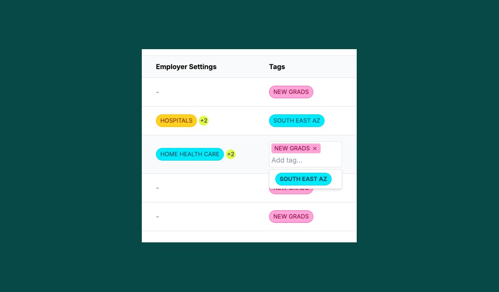 Employer Settings and Tags table with Add tag input for custom labels