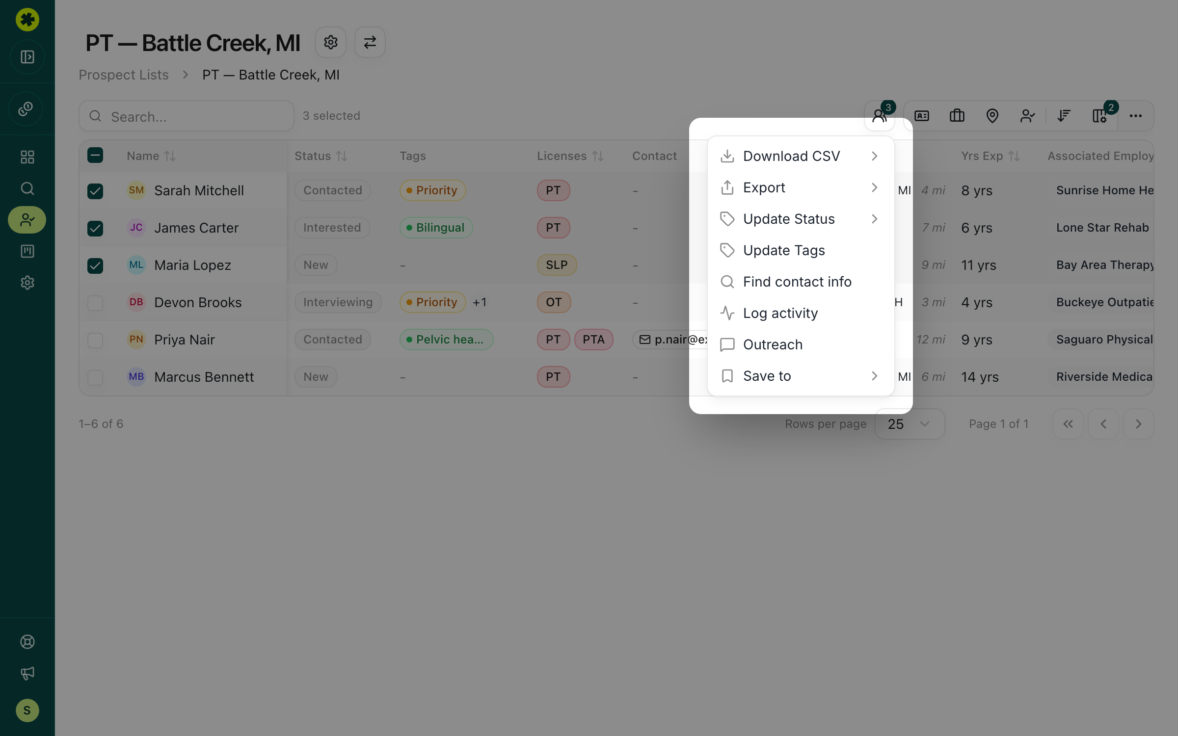 Bulk Actions menu over selected candidates showing tag, status, and activity options