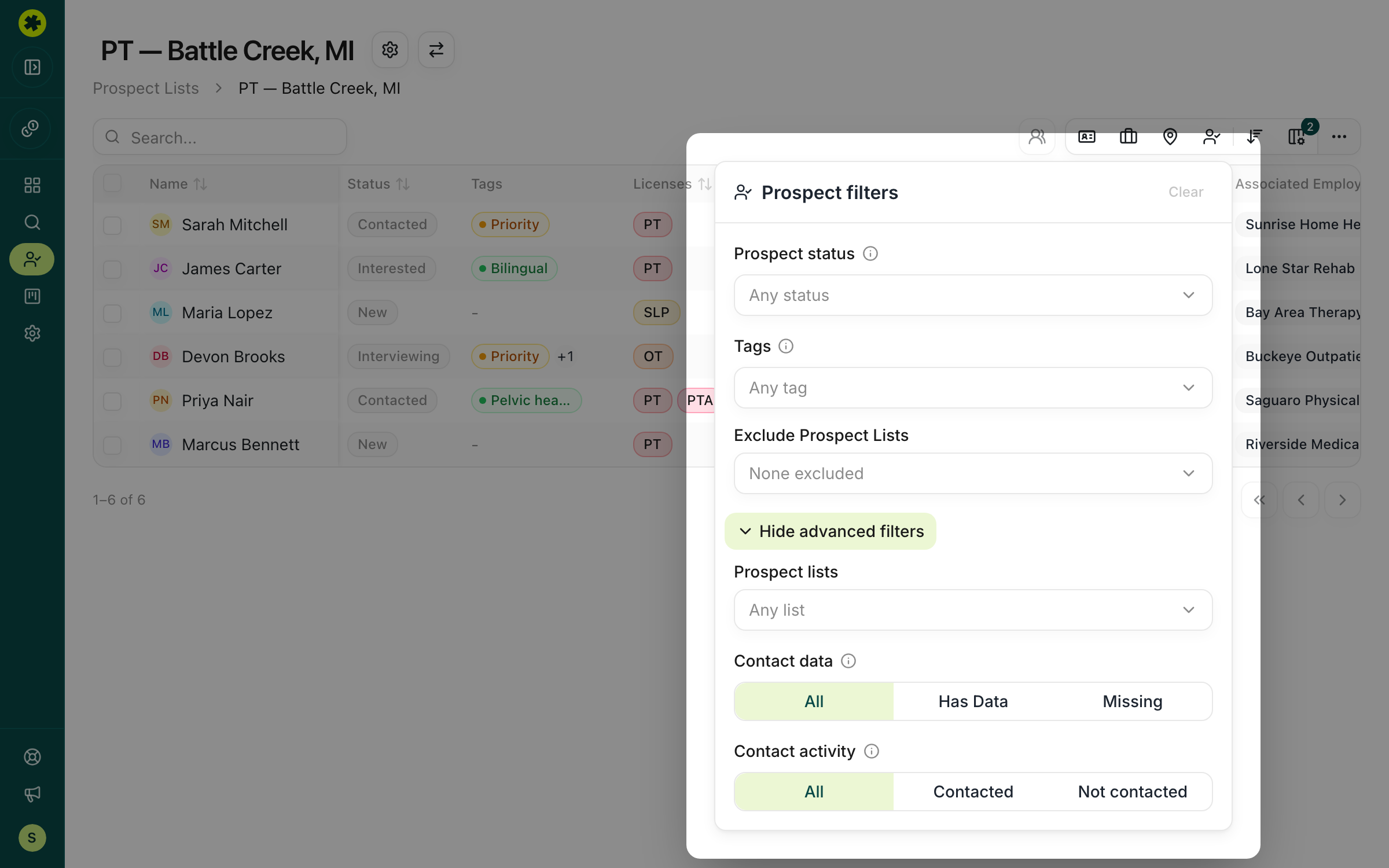Prospect list filter panel showing tag values and a contact-info filter option