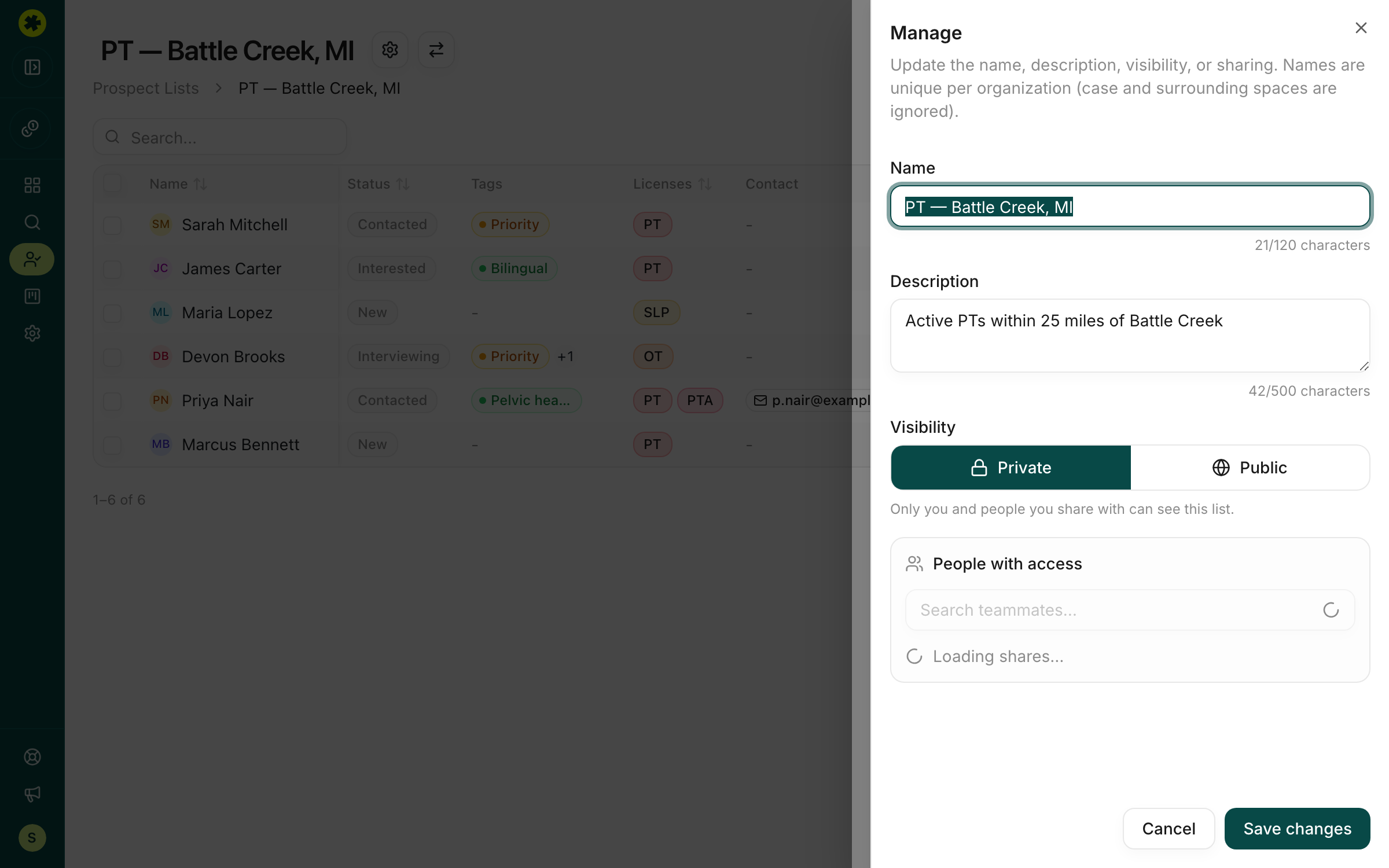 Prospect list visibility settings with Private and Shared options and a Shared with me view