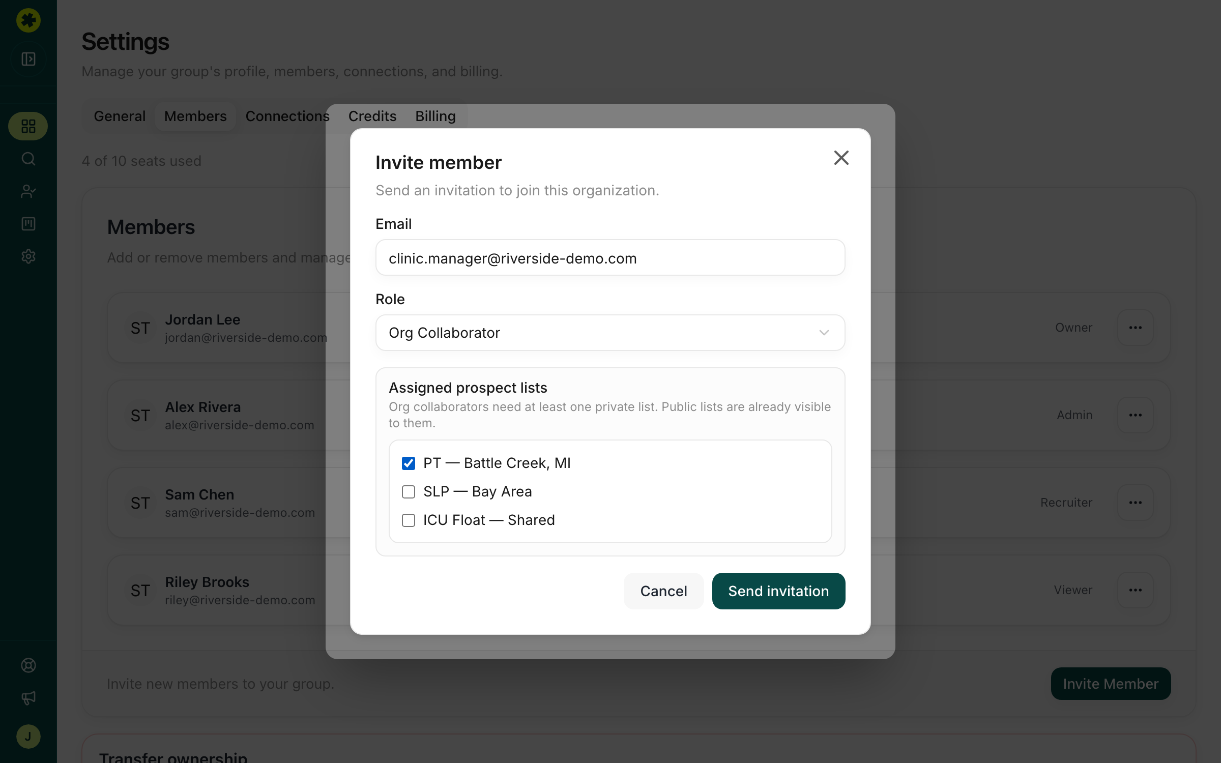 Inviting an Org Collaborator and assigning them to a prospect list, with a collaborator note on a candidate