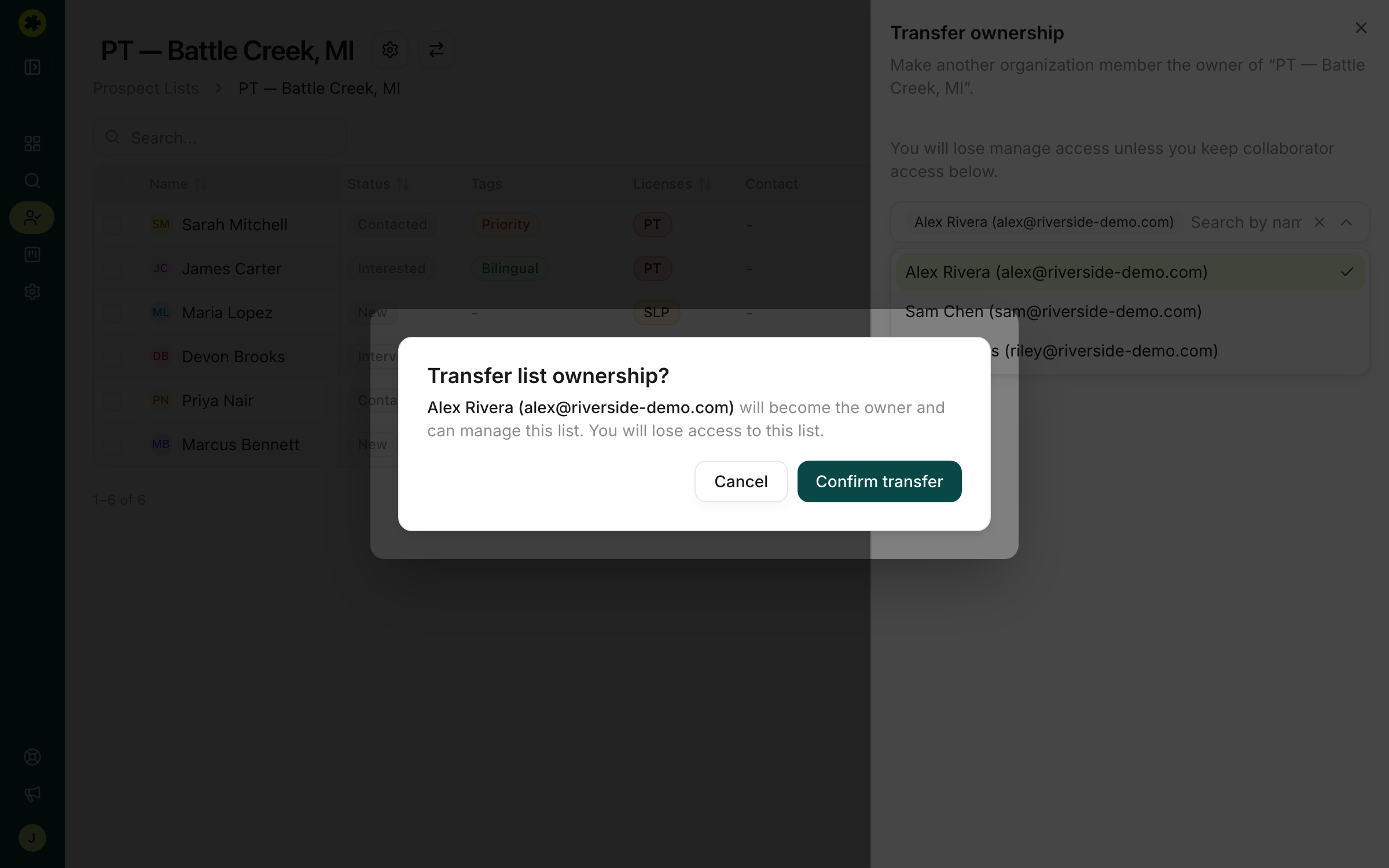 Prospect list ownership transfer with a Confirm transfer step