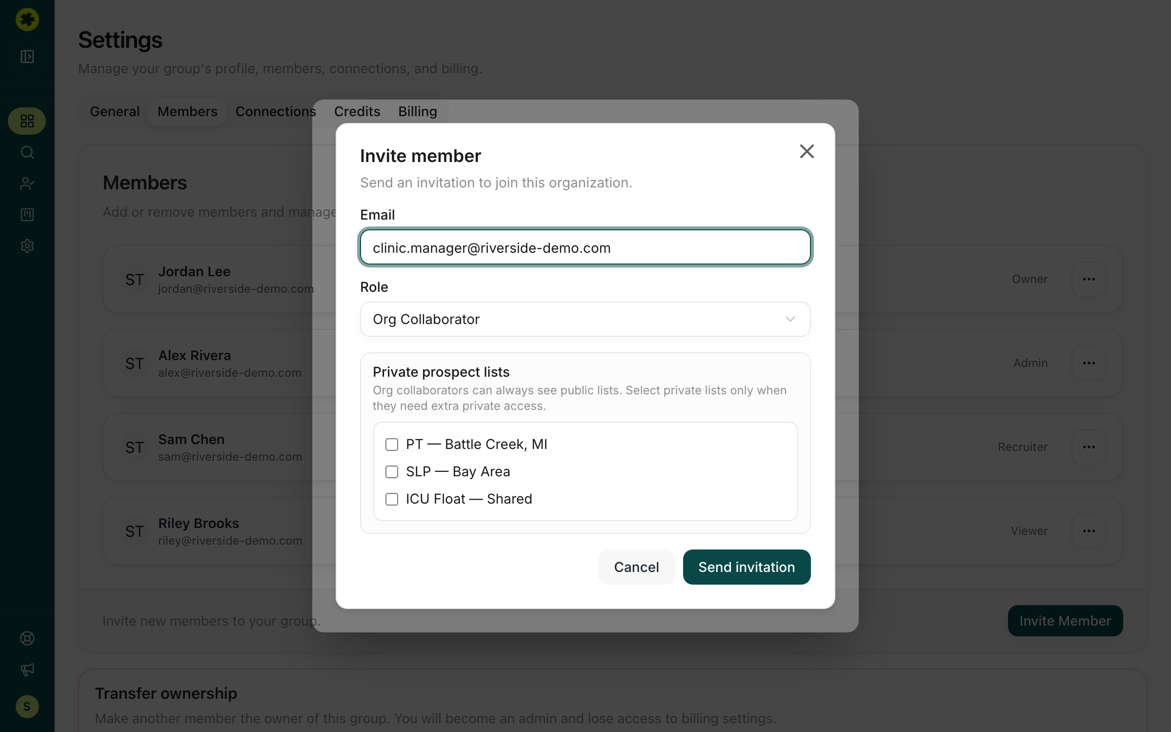 Inviting an Org Collaborator onto a public prospect list
