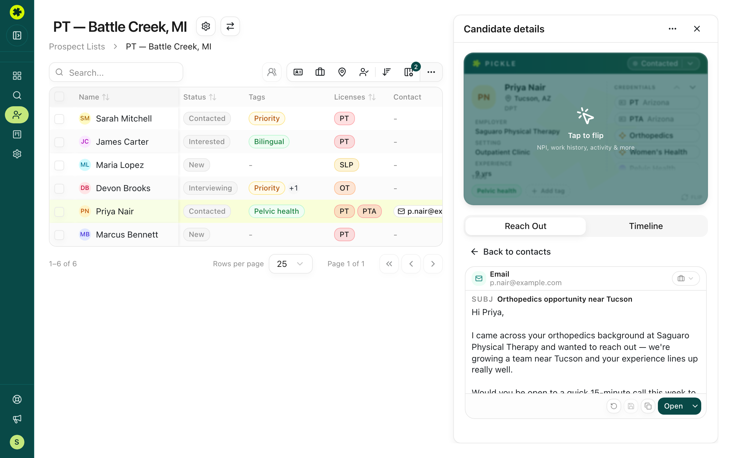 Reach Out tab with contact details surfaced and the outreach composer open