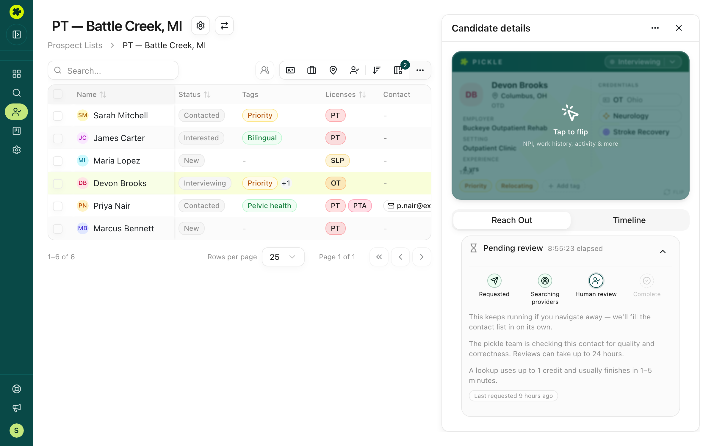 Reach Out tab with a Pending review state on a contact lookup