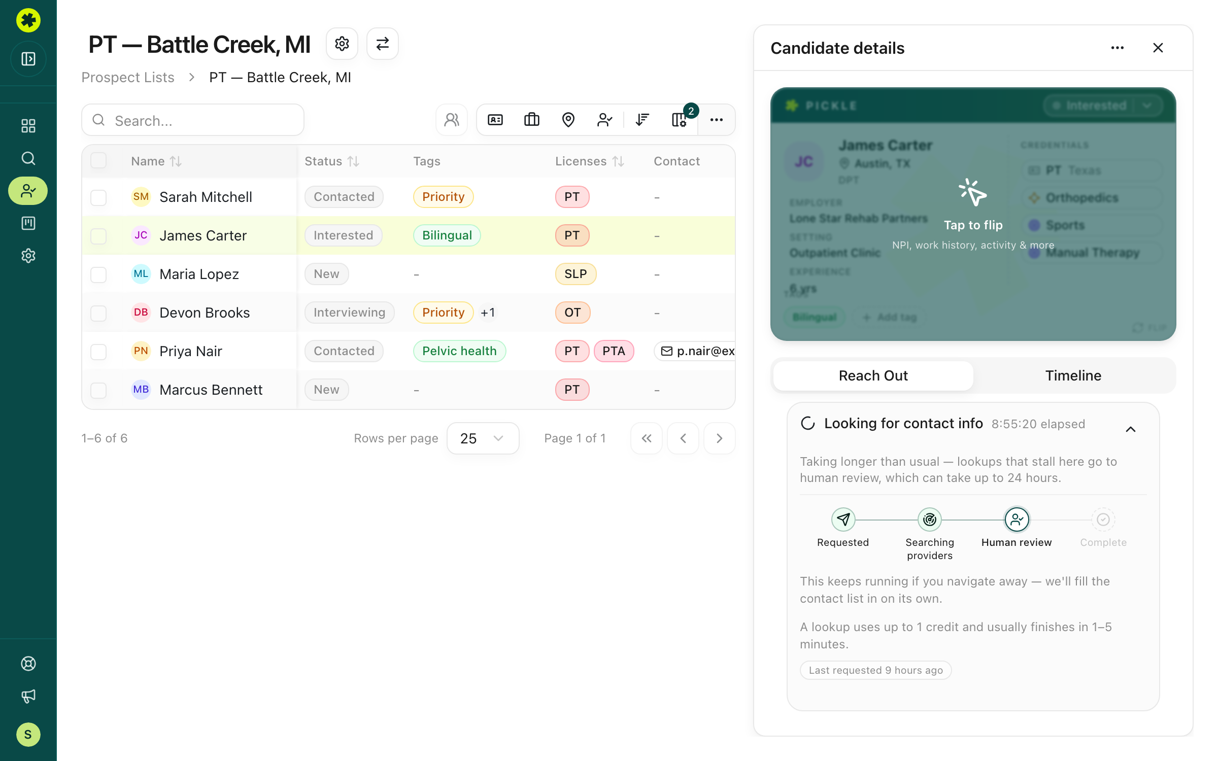 Reach Out tab with a contact lookup in progress and Searching providers visible