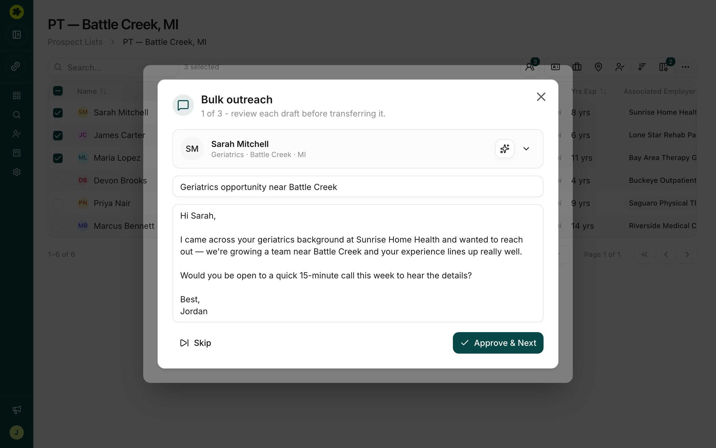 The bulk outreach dialog, reviewing one candidate