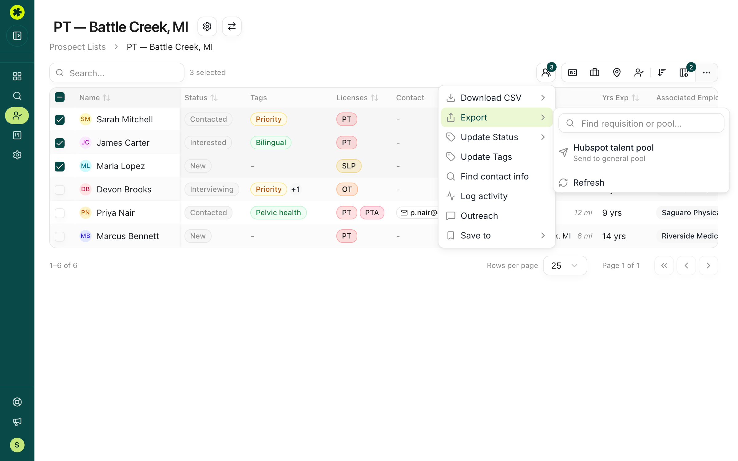 The Export submenu showing Hubspot talent pool / Send to general pool