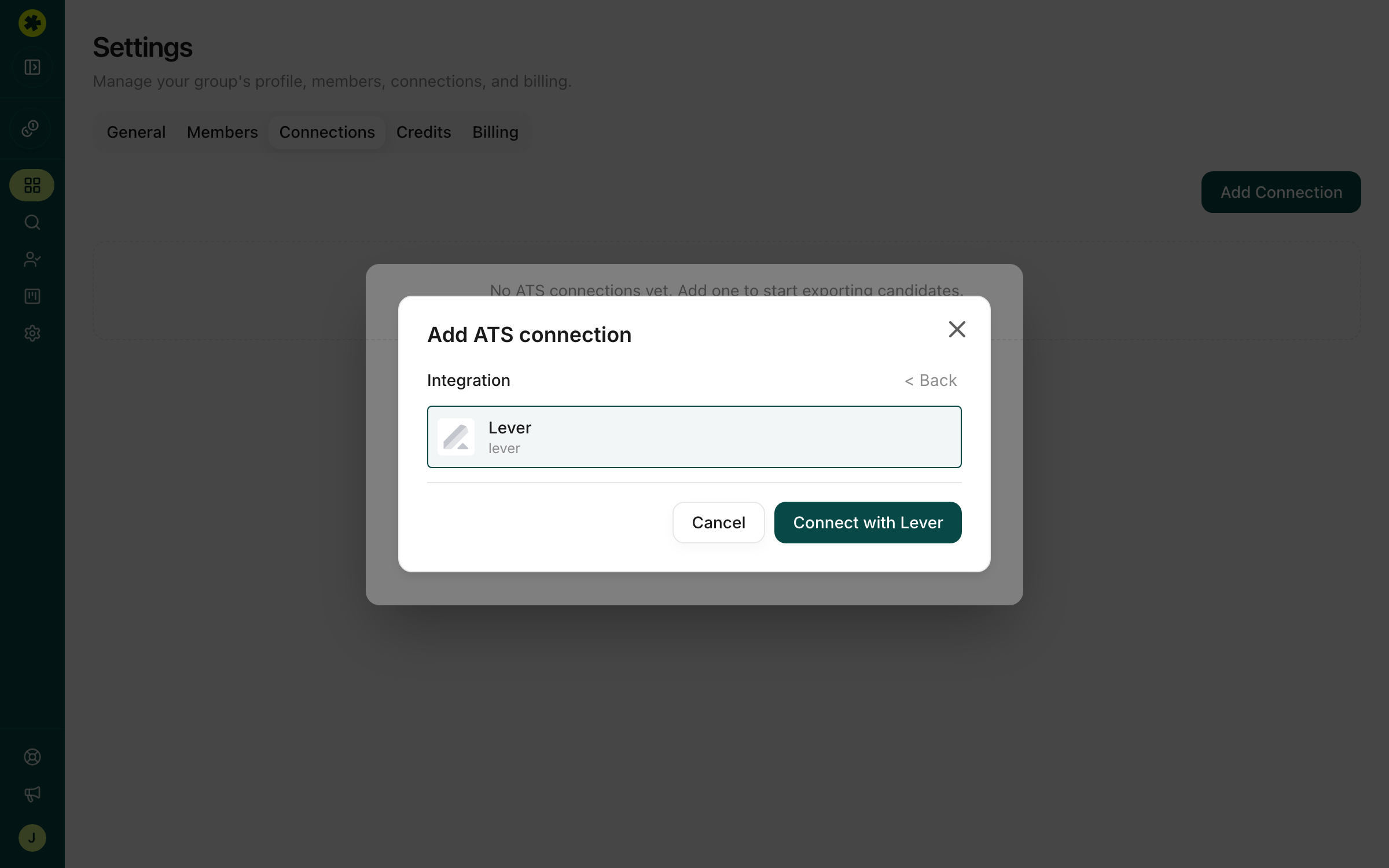 The Add ATS connection dialog with Lever selected and a Connect with Lever button