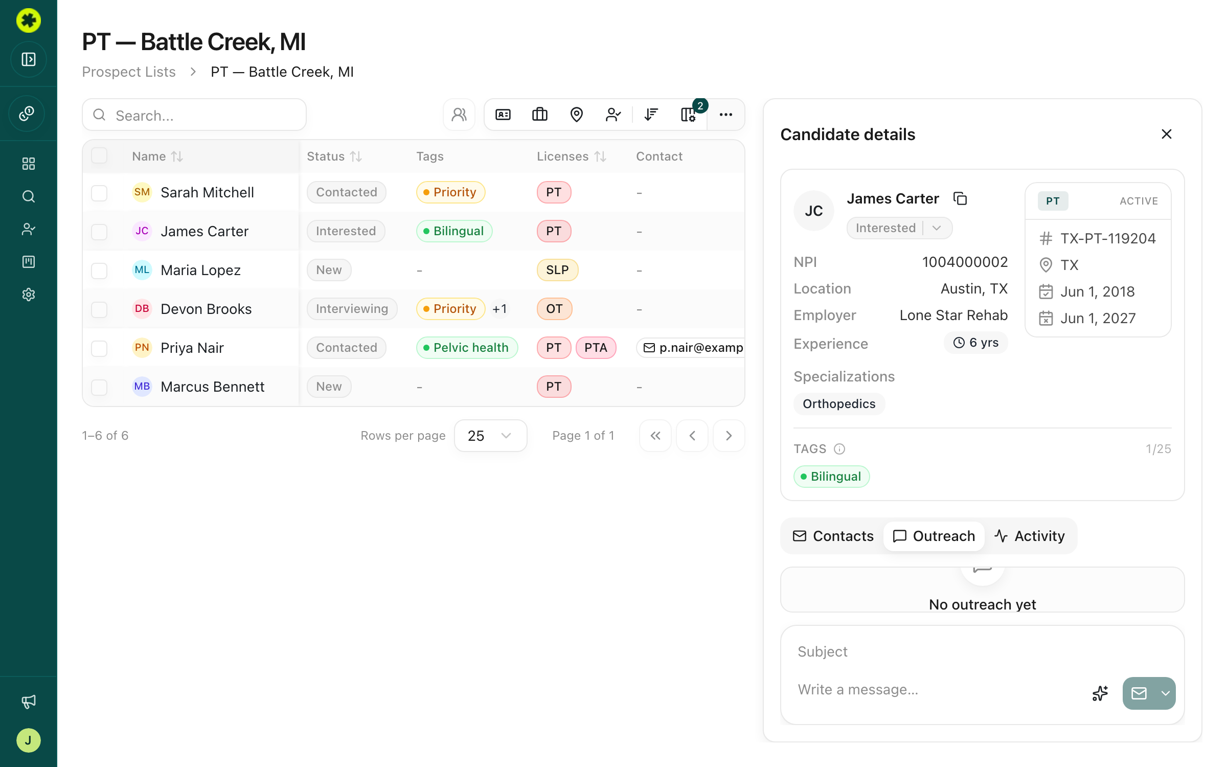 The Outreach tab with the message composer