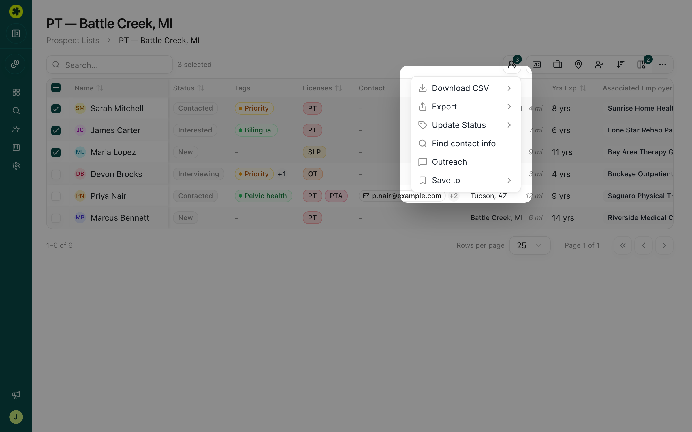 Bulk contact lookup from the Actions menu
