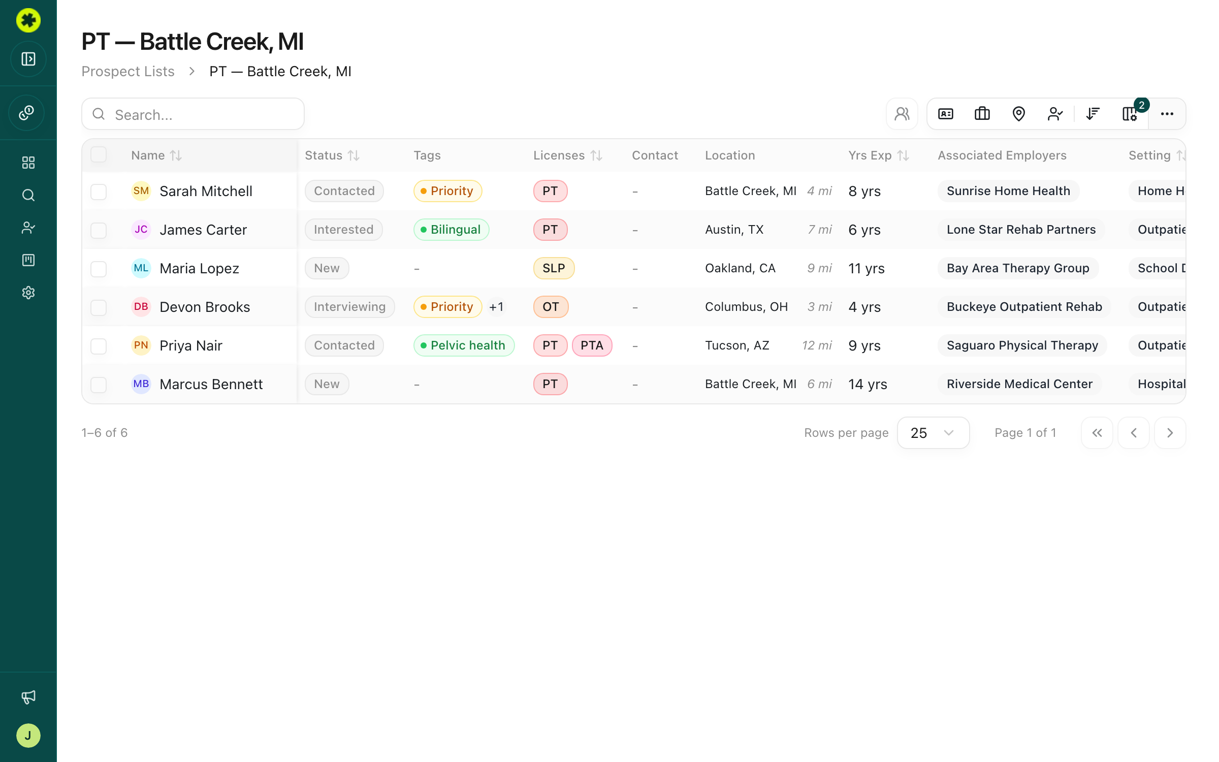 A prospect list open in detail view