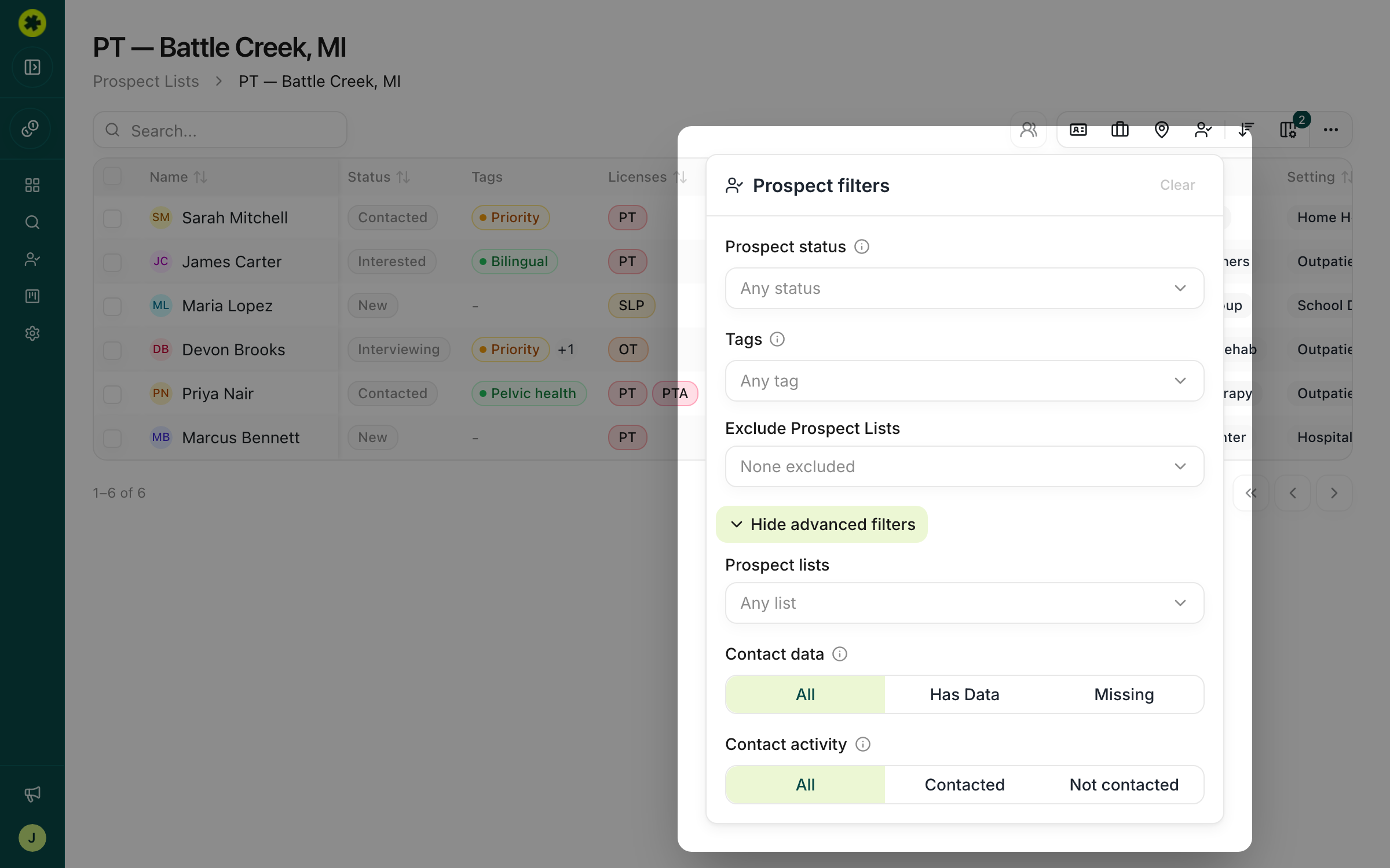 The Prospect filters panel with tags and advanced filters