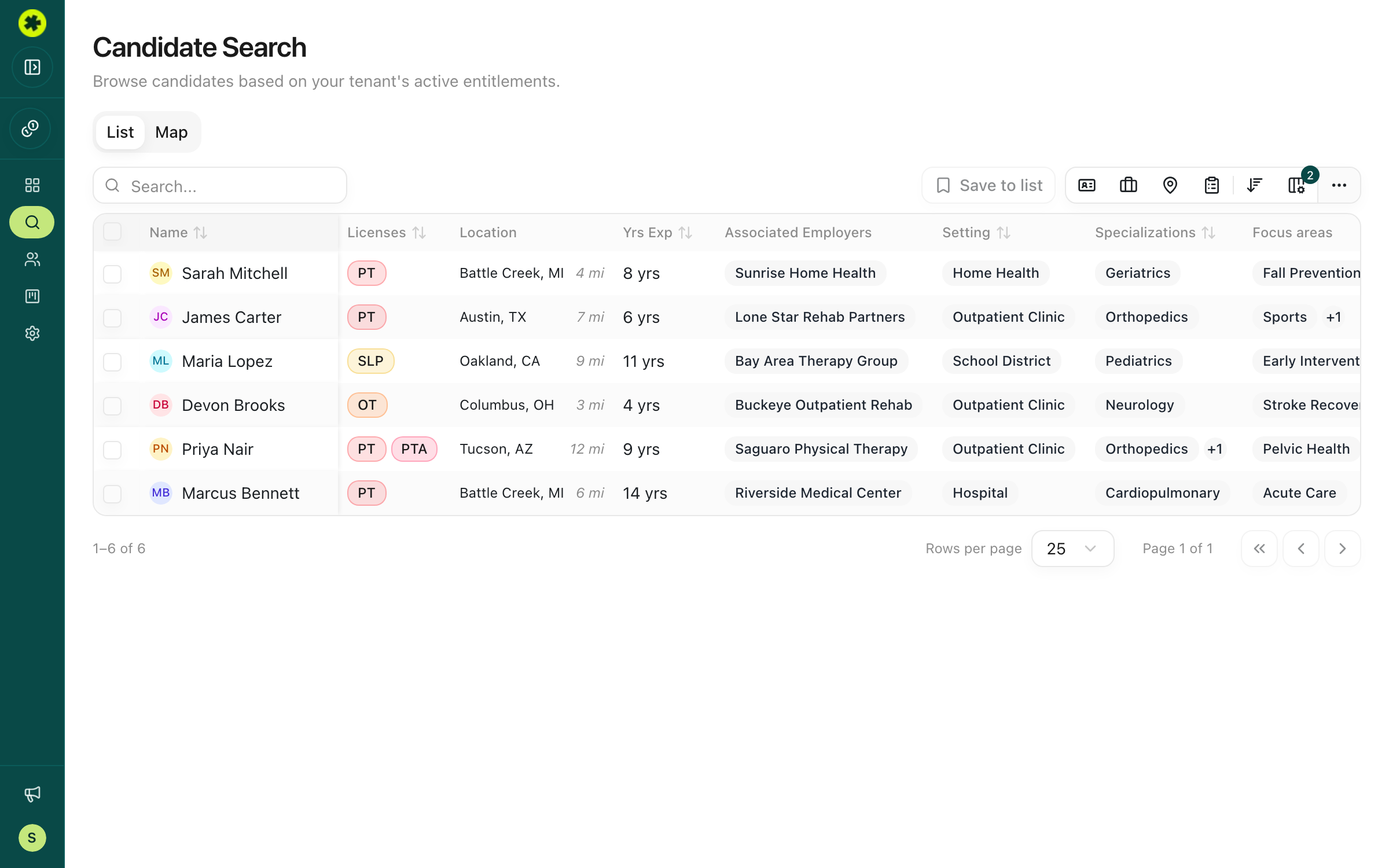The Candidate Search page with the results table