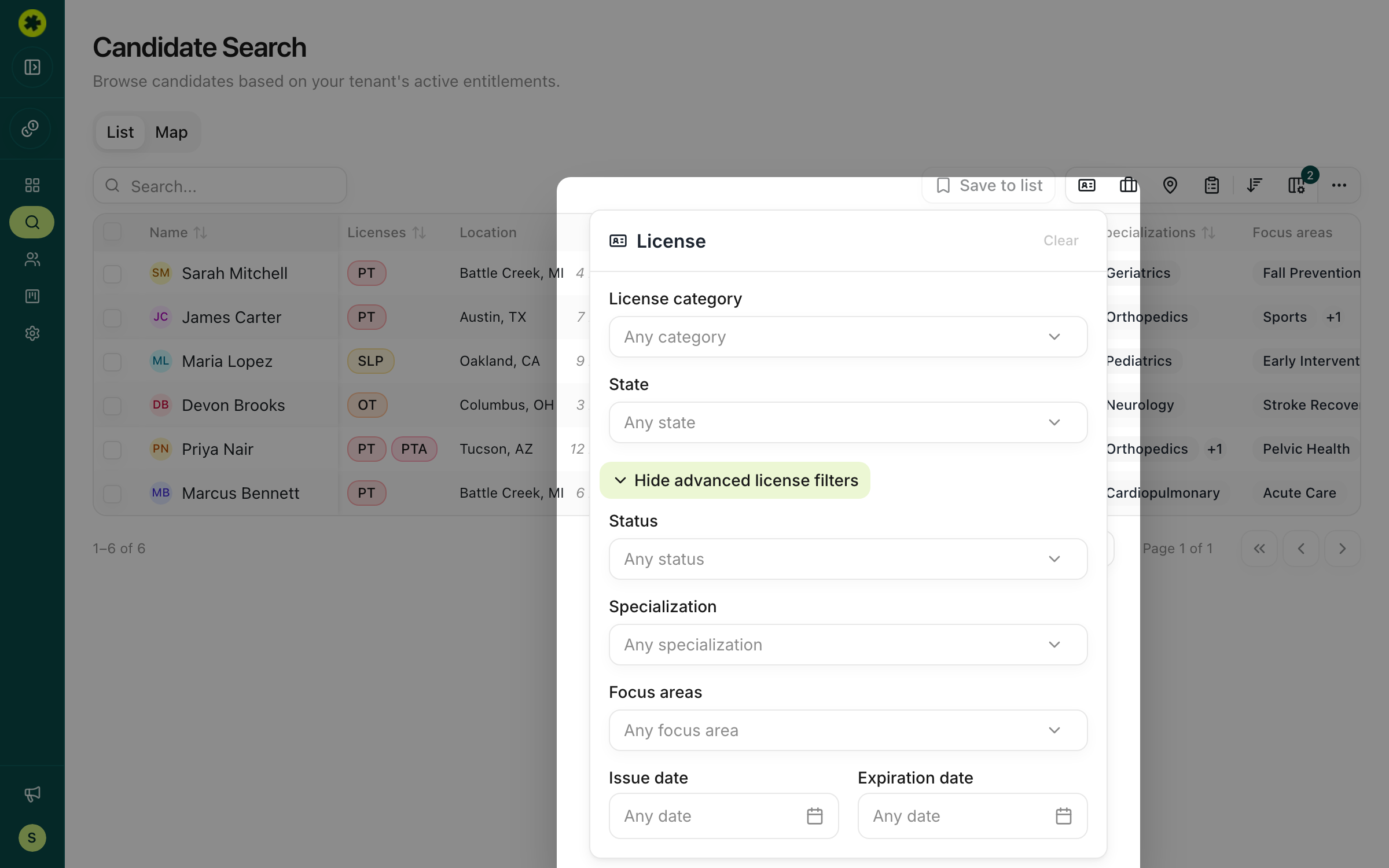 The License filter panel with advanced options open