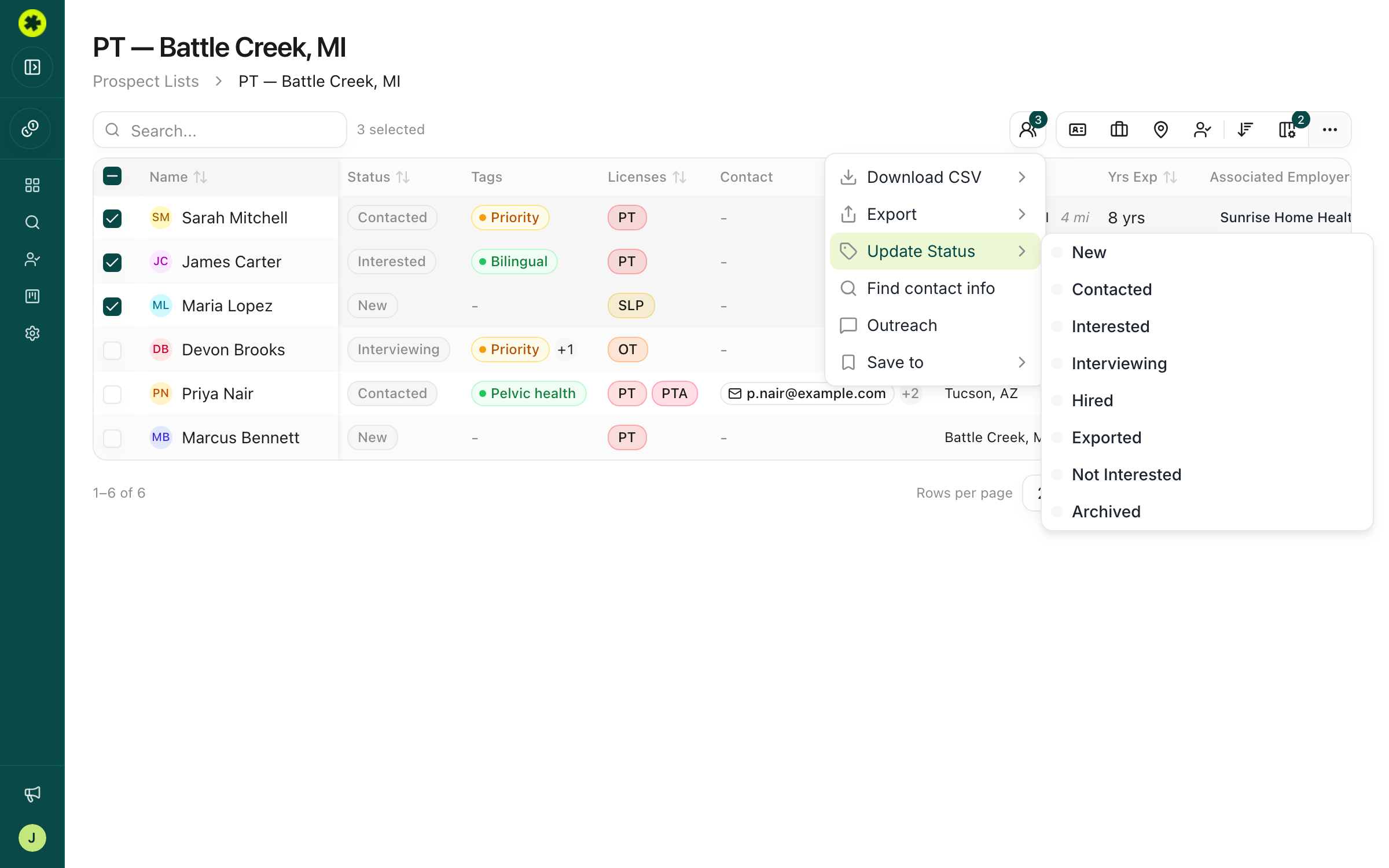 Bulk status update from the Actions menu